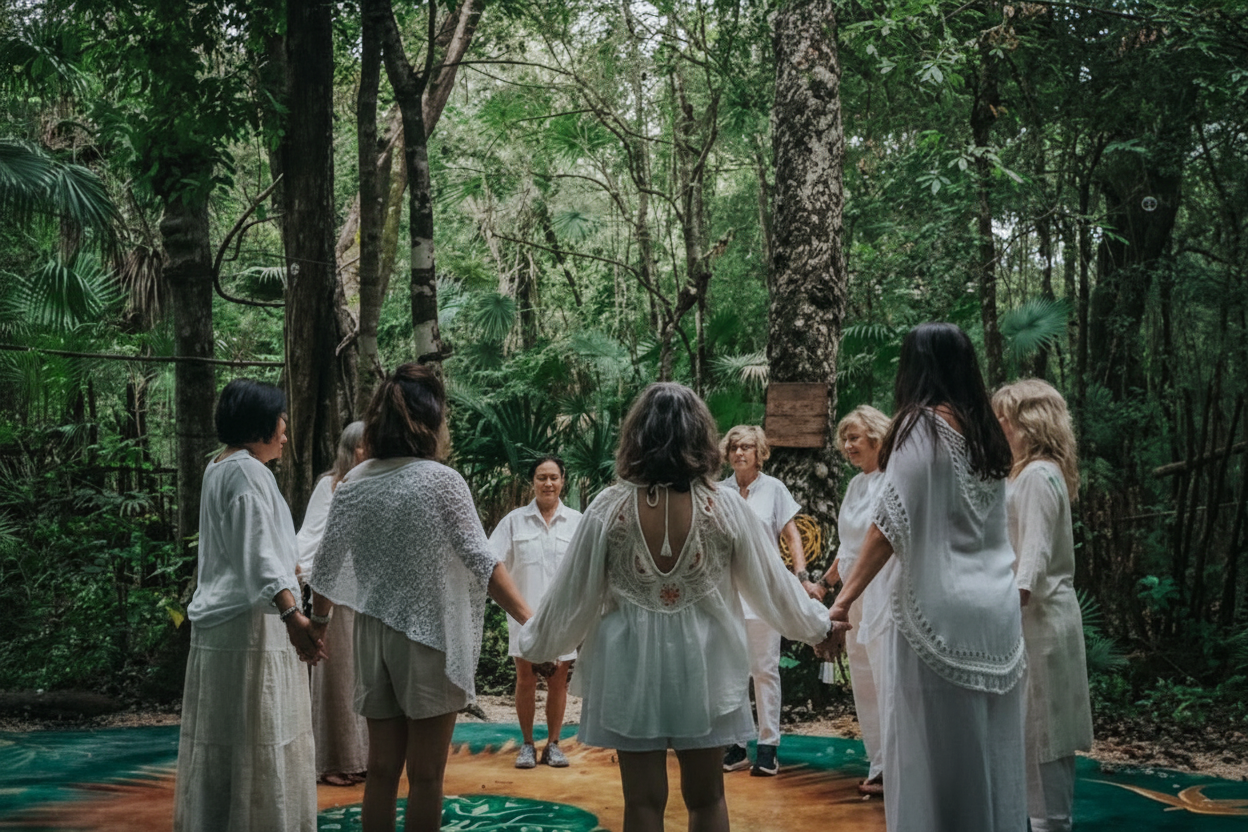 Students holding hands in a circle in the forest