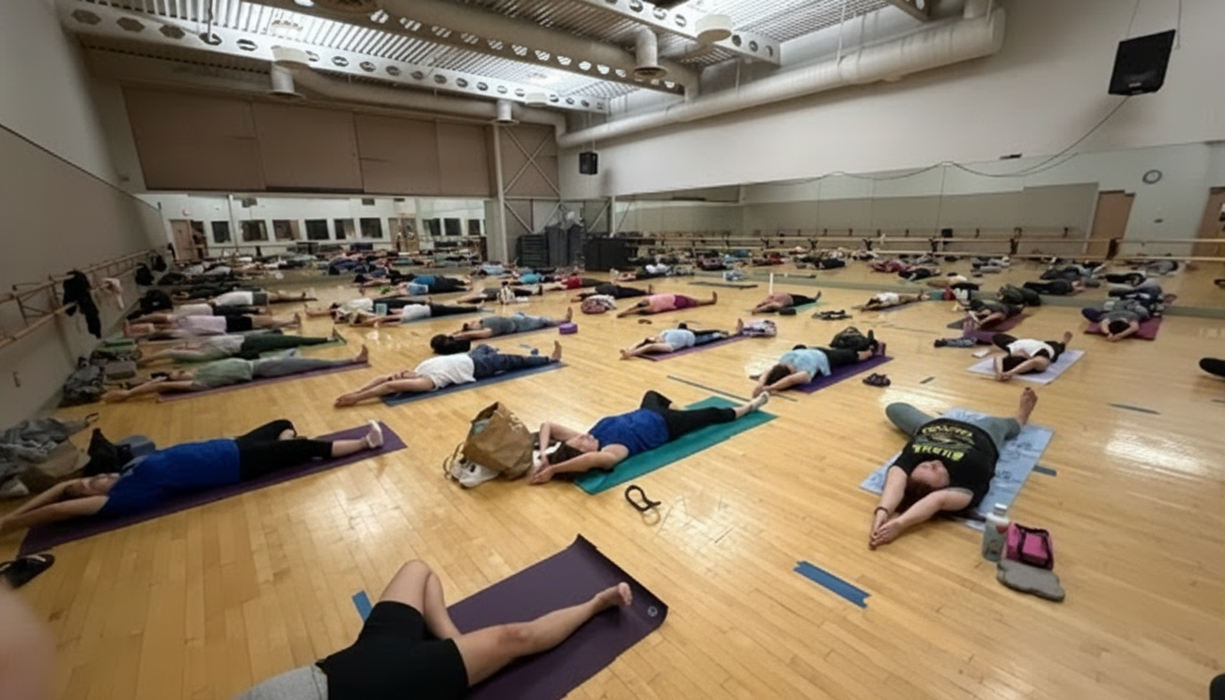 Large yoga class in gymnasium