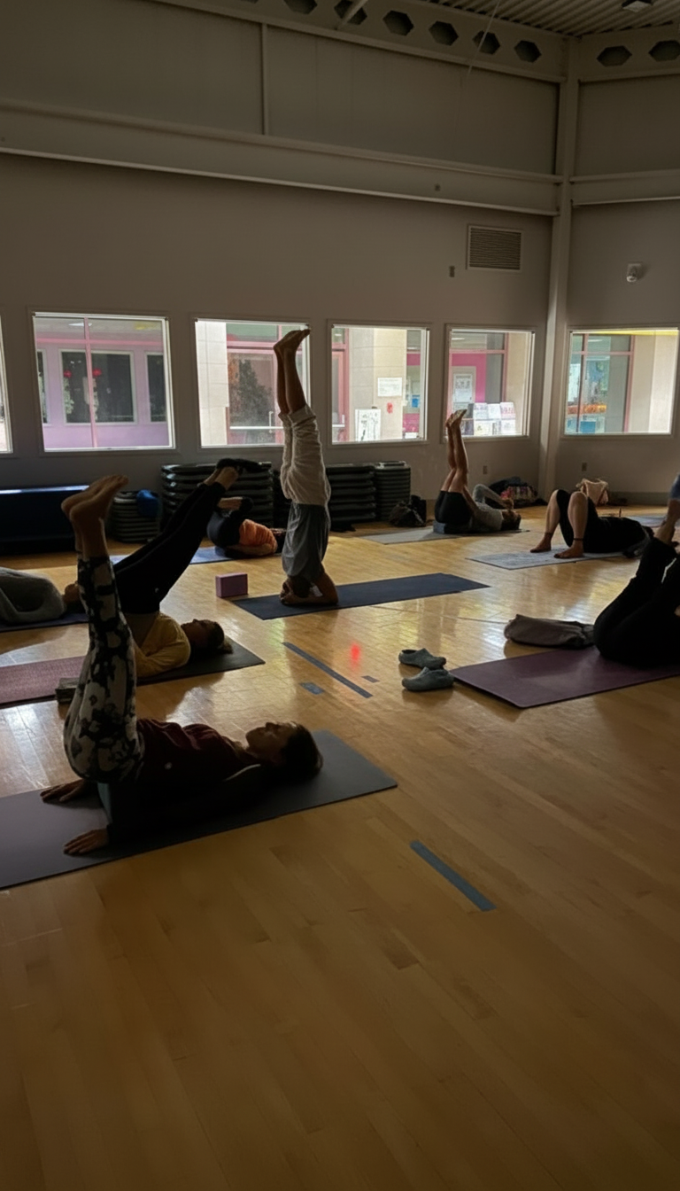 Yoga class practicing inversions